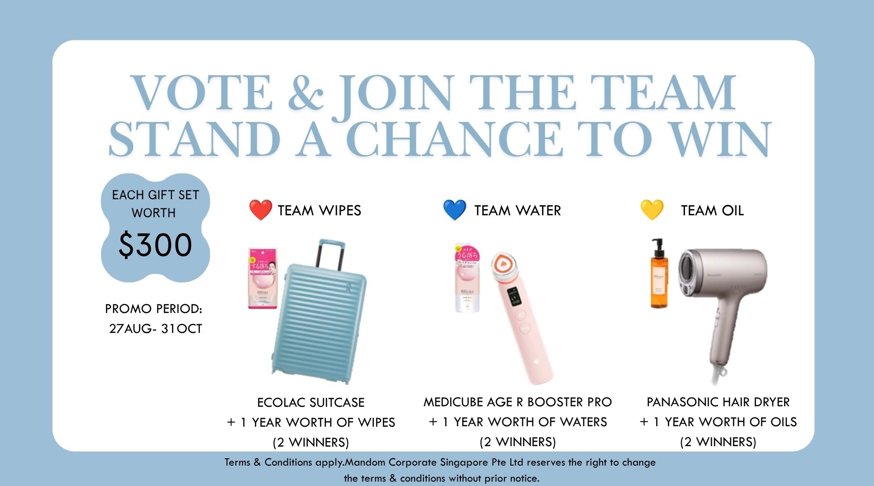 Bifesta makeup remover giveaway | Vote and join the team for a chance to win | Gift set worth $250 | Team Wipe with Ecolac suitcase | Team Water with Medicube Age-R Booster Pro | Team Oil with Panasonic hair dryer